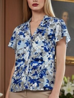 Calvin Klein Blue Floral Blouse | Short Sleeve | Business Casual | S